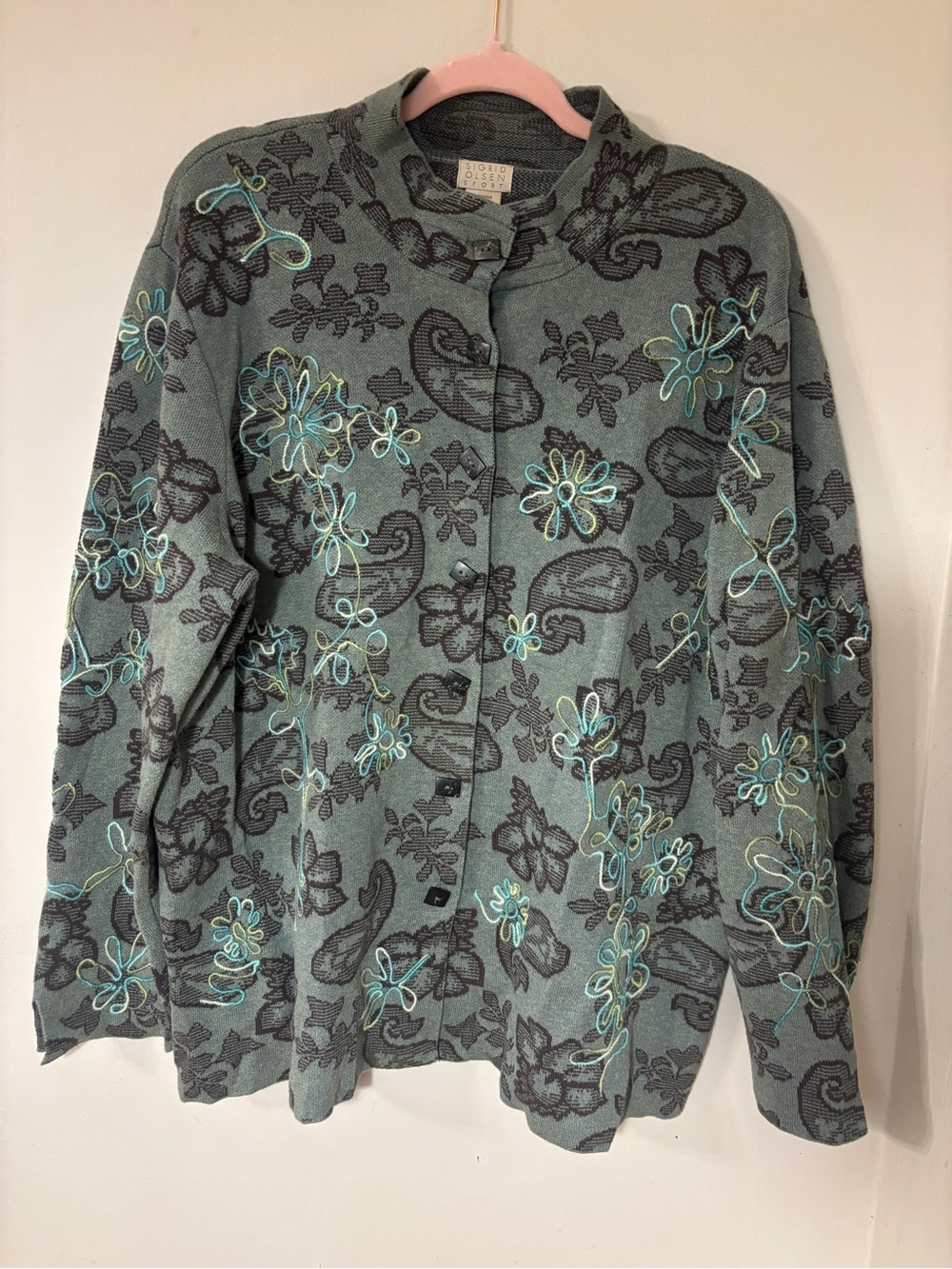 Sigrid Olsen Sport 2X Embroidered Paisley Floral Cotton Cardigan Sweater